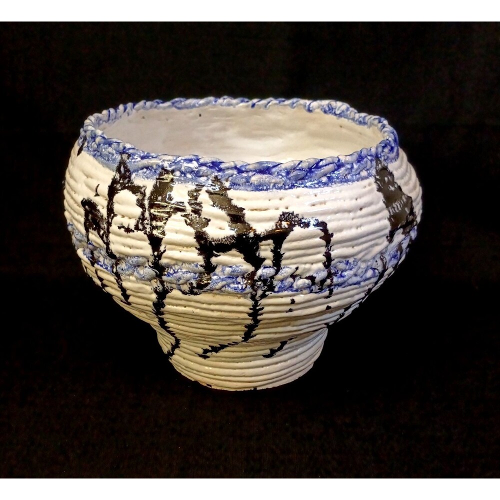 Large Vintage Studio Art Pottery Planter White W Blue Stripes Black Abstract